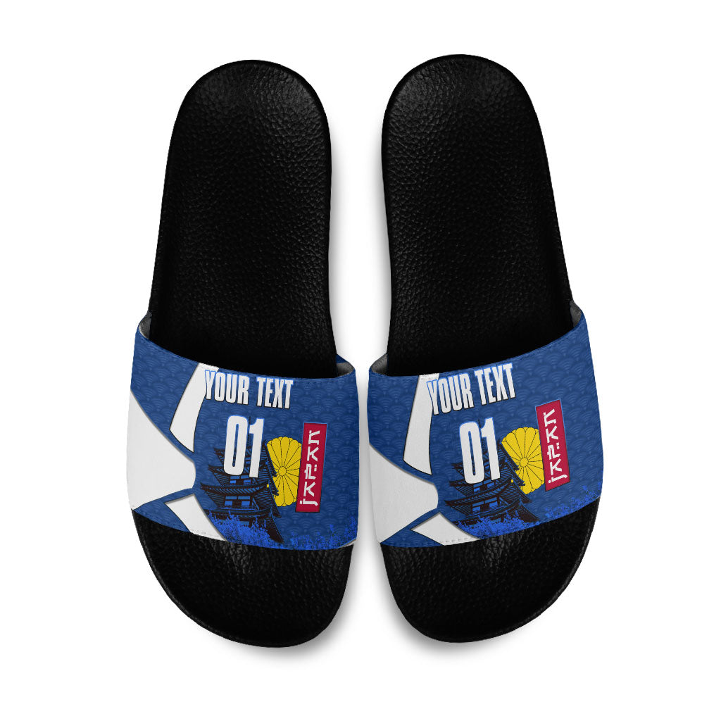 Personalized Japan Football Kitsune Mascot Slide Sandals Japanese Pagoda Kitsune Mask Blue Samurai Style