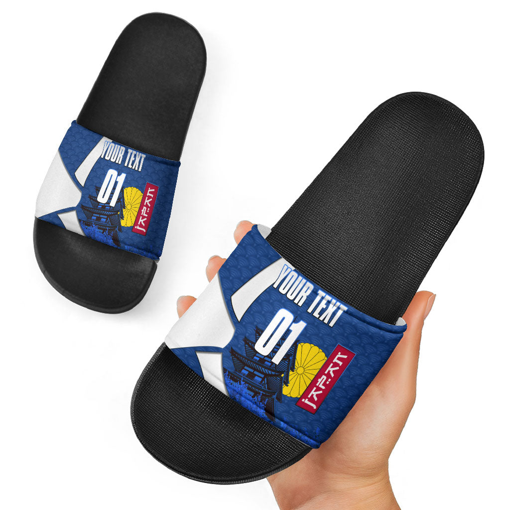 Personalized Japan Football Kitsune Mascot Slide Sandals Japanese Pagoda Kitsune Mask Blue Samurai Style