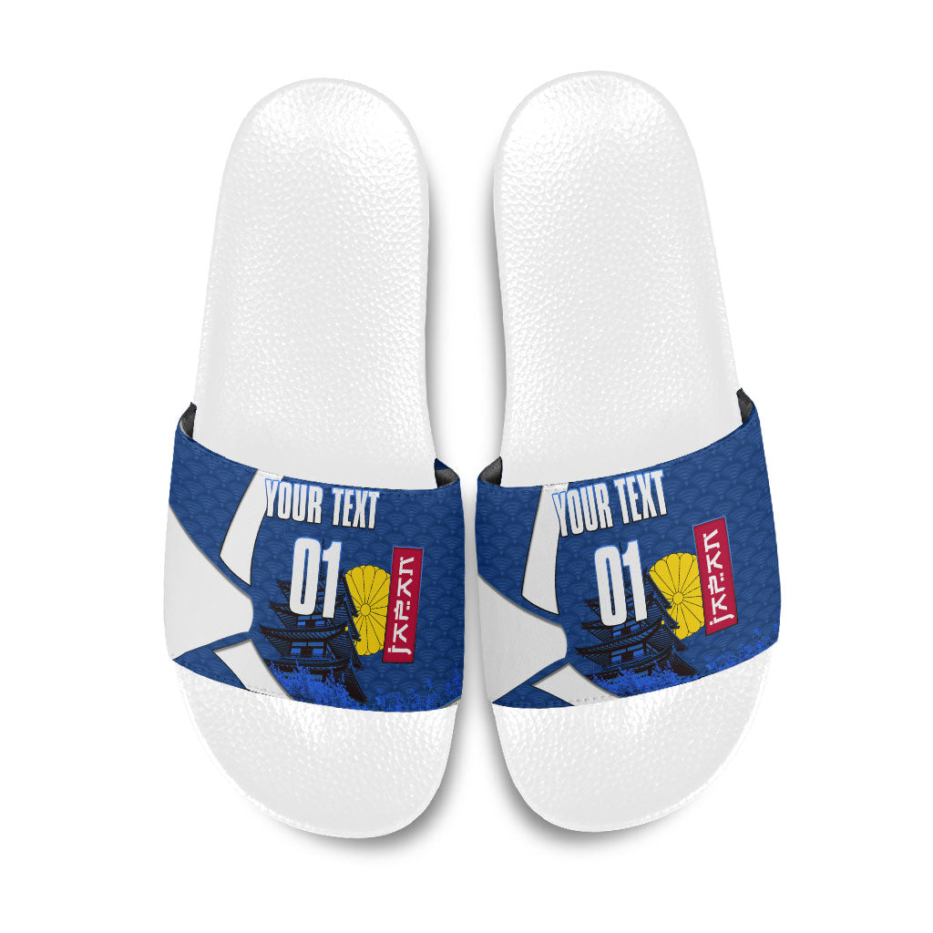 Personalized Japan Football Kitsune Mascot Slide Sandals Japanese Pagoda Kitsune Mask Blue Samurai Style