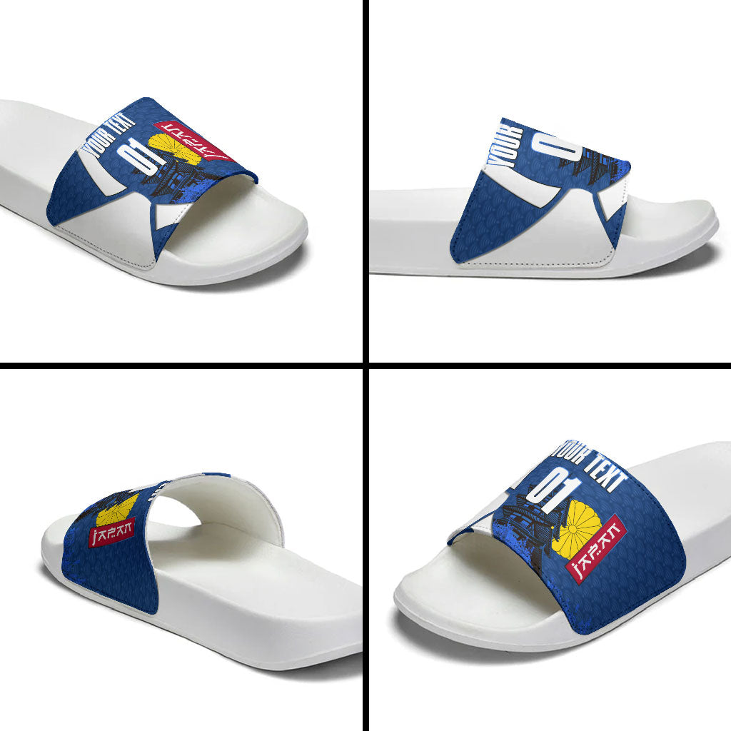 Personalized Japan Football Kitsune Mascot Slide Sandals Japanese Pagoda Kitsune Mask Blue Samurai Style