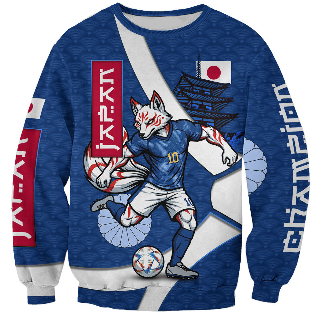 Personalized Japan Football Kitsune Mascot Sweatshirt Japanese Pagoda Kitsune Mask Blue Samurai Style