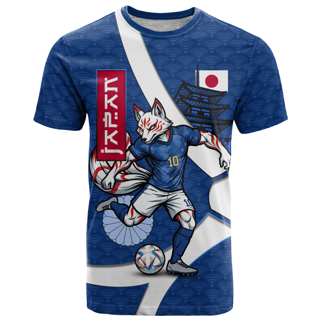 Personalized Japan Football Kitsune Mascot T Shirt Japanese Pagoda Kitsune Mask Blue Samurai Style
