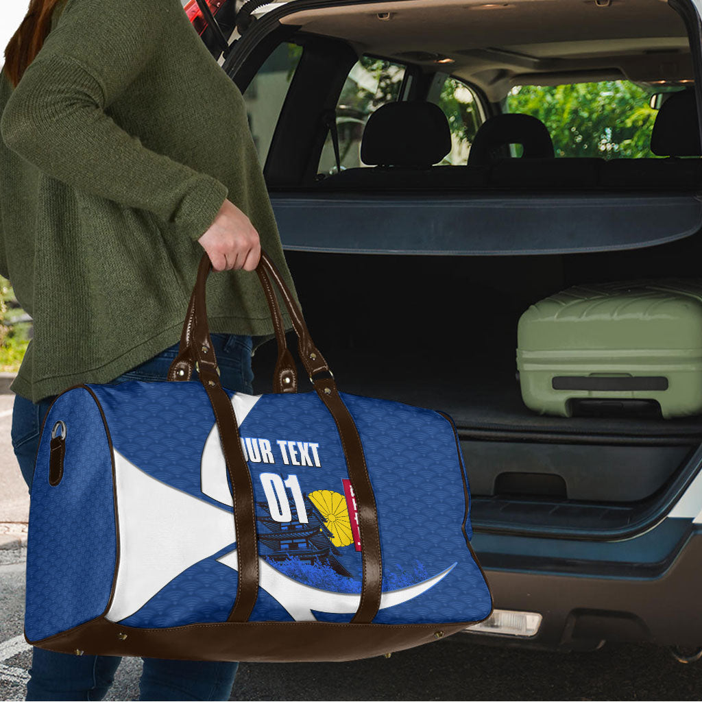 Personalized Japan Football Kitsune Mascot Travel Bag Japanese Pagoda Kitsune Mask Blue Samurai Style