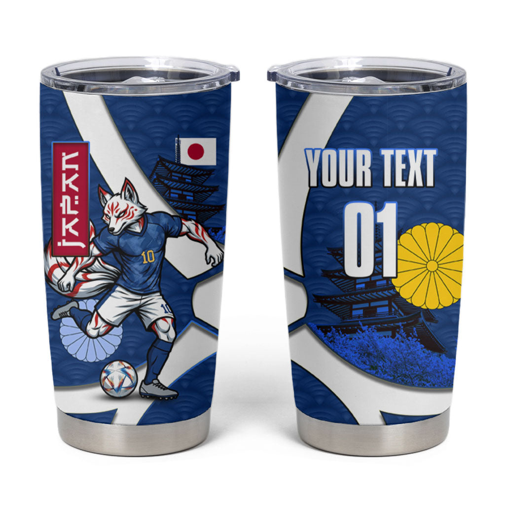 Personalized Japan Football Kitsune Mascot Tumbler Cup Japanese Pagoda Kitsune Mask Blue Samurai Style