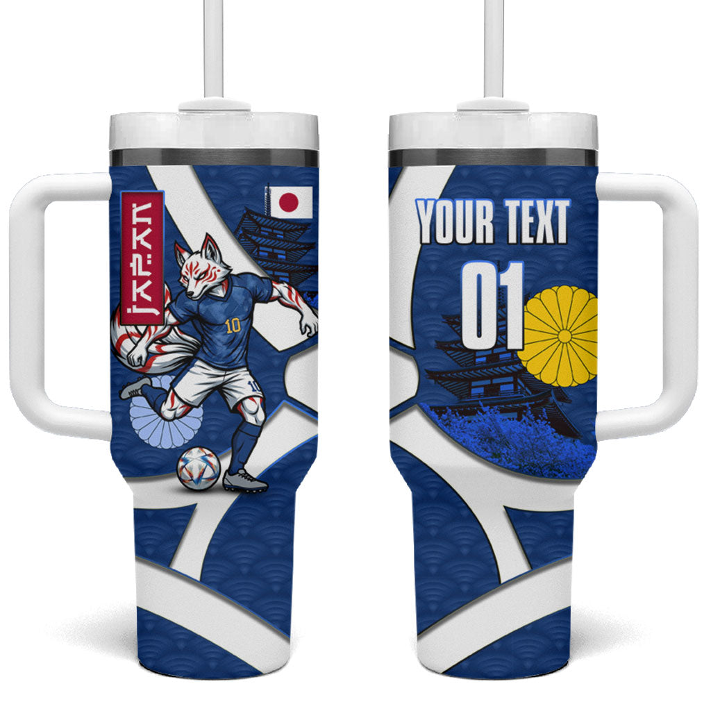 Personalized Japan Football Kitsune Mascot Tumbler With Handle Japanese Pagoda Kitsune Mask Blue Samurai Style