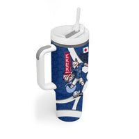 Personalized Japan Football Kitsune Mascot Tumbler With Handle Japanese Pagoda Kitsune Mask Blue Samurai Style