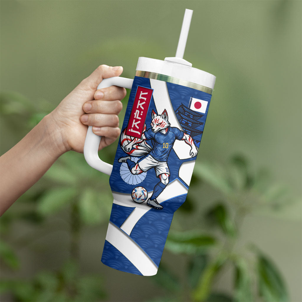 Personalized Japan Football Kitsune Mascot Tumbler With Handle Japanese Pagoda Kitsune Mask Blue Samurai Style