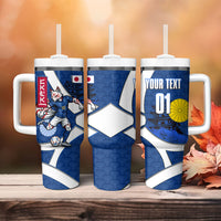 Personalized Japan Football Kitsune Mascot Tumbler With Handle Japanese Pagoda Kitsune Mask Blue Samurai Style