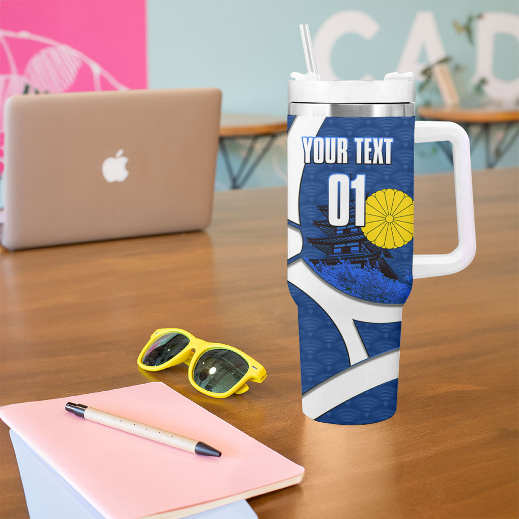 Personalized Japan Football Kitsune Mascot Tumbler With Handle Japanese Pagoda Kitsune Mask Blue Samurai Style