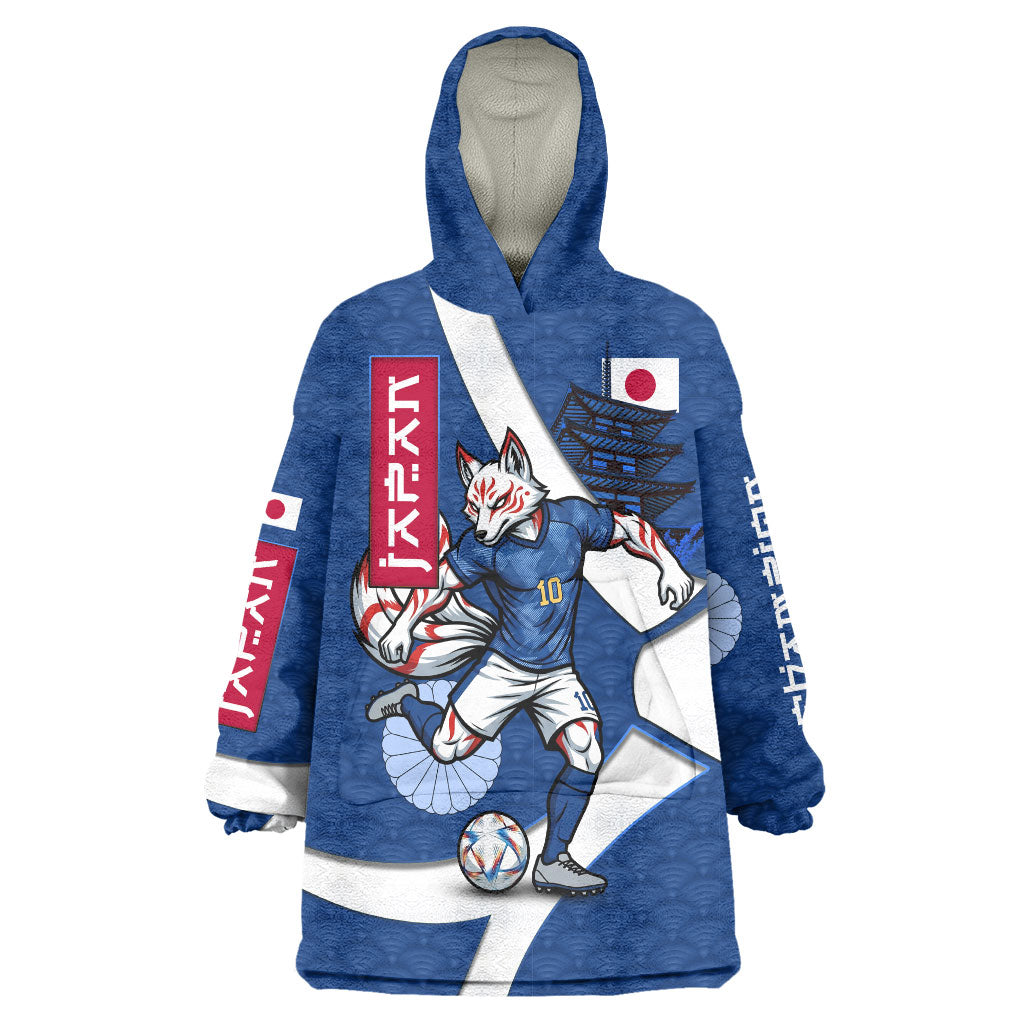 Personalized Japan Football Kitsune Mascot Wearable Blanket Hoodie Japanese Pagoda Kitsune Mask Blue Samurai Style