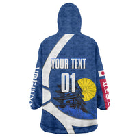 Personalized Japan Football Kitsune Mascot Wearable Blanket Hoodie Japanese Pagoda Kitsune Mask Blue Samurai Style