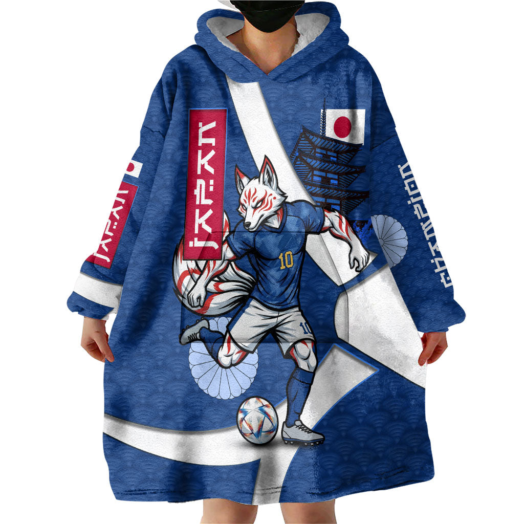 Personalized Japan Football Kitsune Mascot Wearable Blanket Hoodie Japanese Pagoda Kitsune Mask Blue Samurai Style