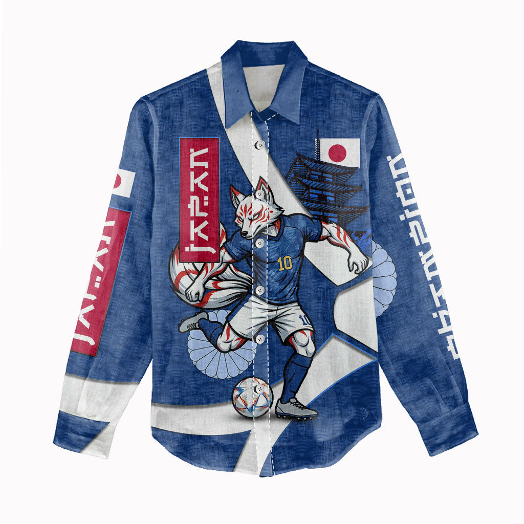 Personalized Japan Football Kitsune Mascot Women Casual Shirt Japanese Pagoda Kitsune Mask Blue Samurai Style