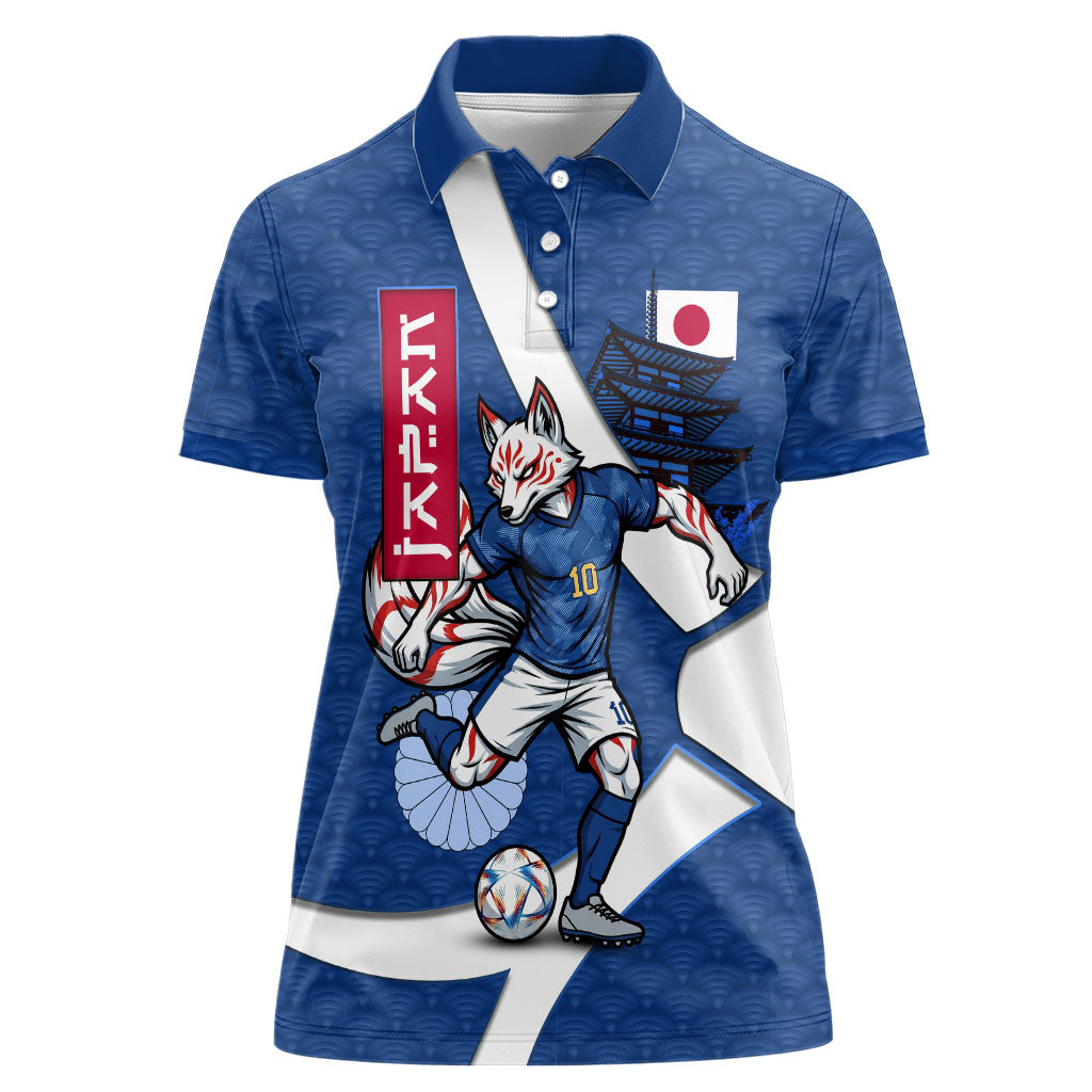Personalized Japan Football Kitsune Mascot Women Polo Shirt Japanese Pagoda Kitsune Mask Blue Samurai Style