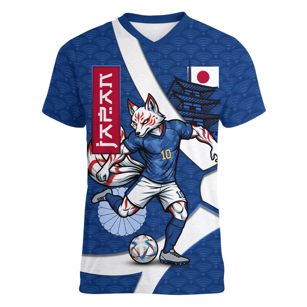 Personalized Japan Football Kitsune Mascot Women V-Neck T-Shirt Japanese Pagoda Kitsune Mask Blue Samurai Style