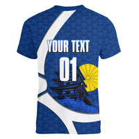 Personalized Japan Football Kitsune Mascot Women V-Neck T-Shirt Japanese Pagoda Kitsune Mask Blue Samurai Style