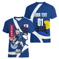 Personalized Japan Football Kitsune Mascot Women V-Neck T-Shirt Japanese Pagoda Kitsune Mask Blue Samurai Style