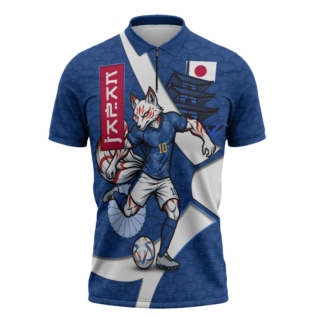 Personalized Japan Football Kitsune Mascot Zipper Polo Shirt Japanese Pagoda Kitsune Mask Blue Samurai Style
