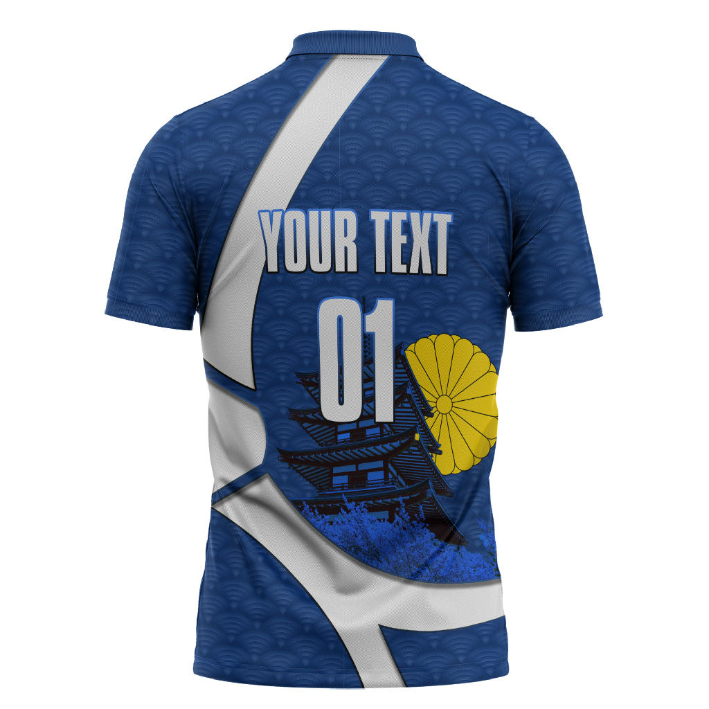 Personalized Japan Football Kitsune Mascot Zipper Polo Shirt Japanese Pagoda Kitsune Mask Blue Samurai Style