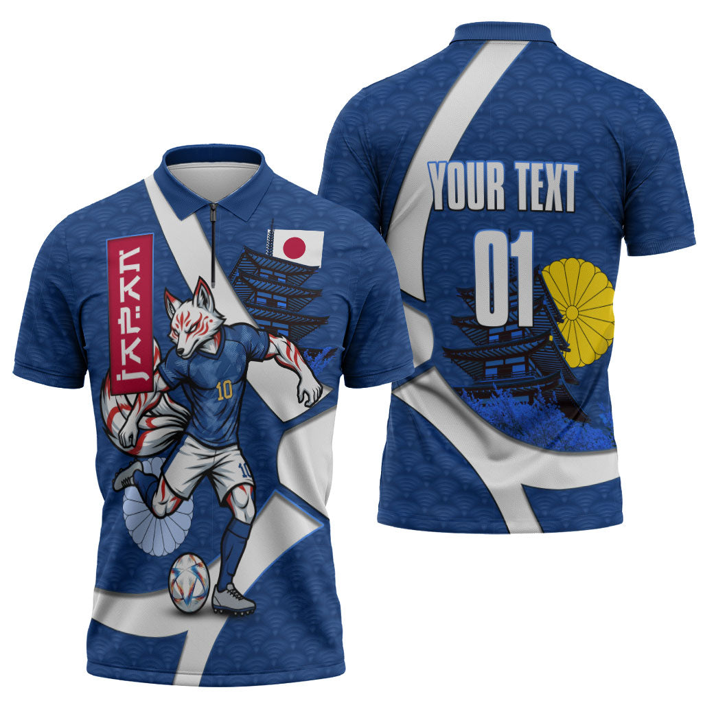 Personalized Japan Football Kitsune Mascot Zipper Polo Shirt Japanese Pagoda Kitsune Mask Blue Samurai Style