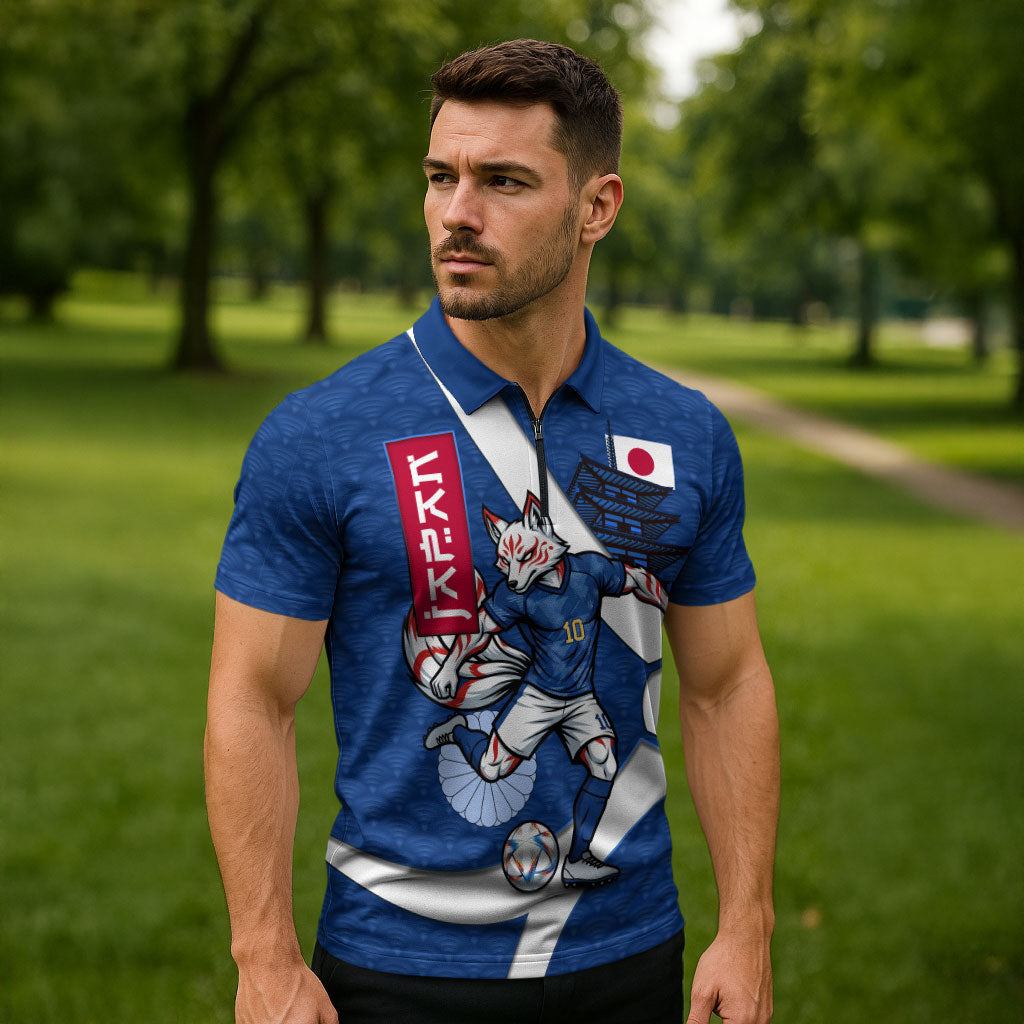 Personalized Japan Football Kitsune Mascot Zipper Polo Shirt Japanese Pagoda Kitsune Mask Blue Samurai Style