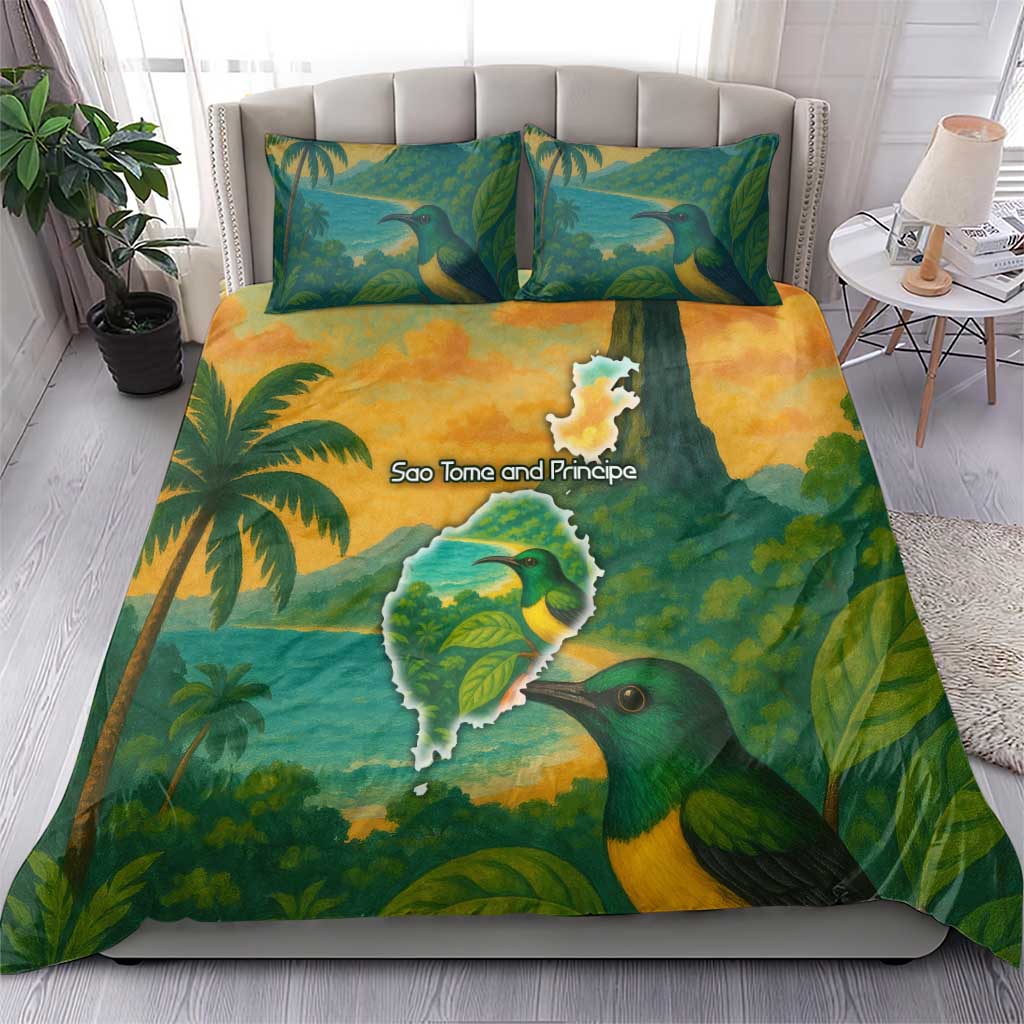 Sao Tome and Principe Tropical Island Bedding Set with Bird and Cocoa Forest Print