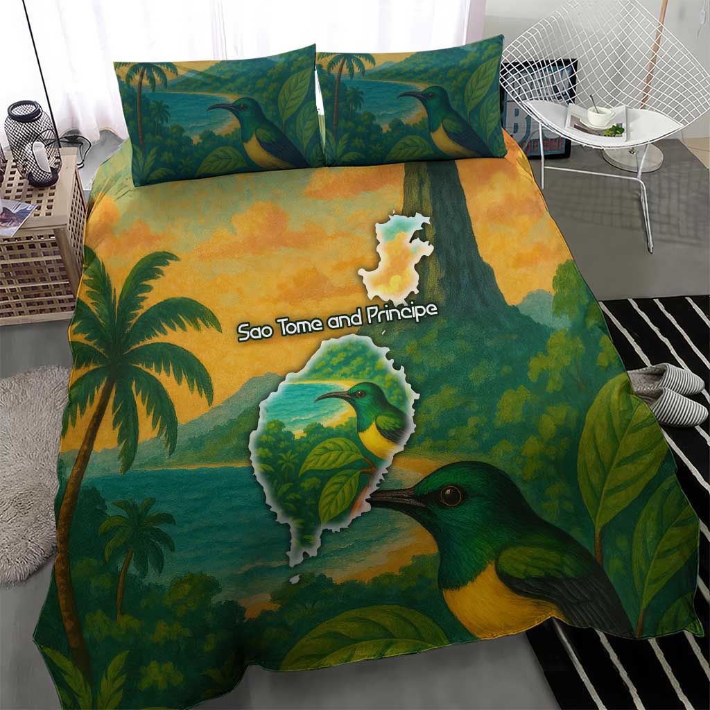 Sao Tome and Principe Tropical Island Bedding Set with Bird and Cocoa Forest Print