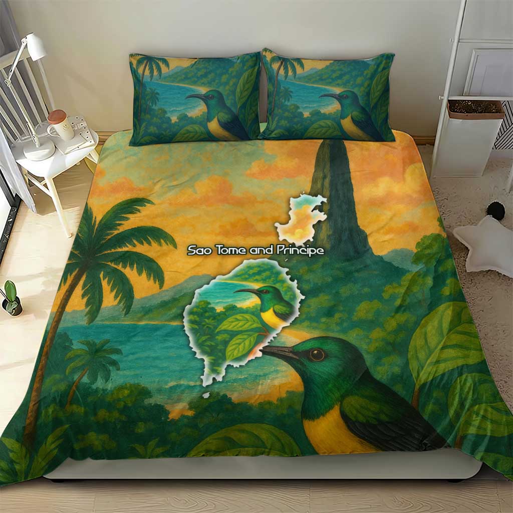 Sao Tome and Principe Tropical Island Bedding Set with Bird and Cocoa Forest Print