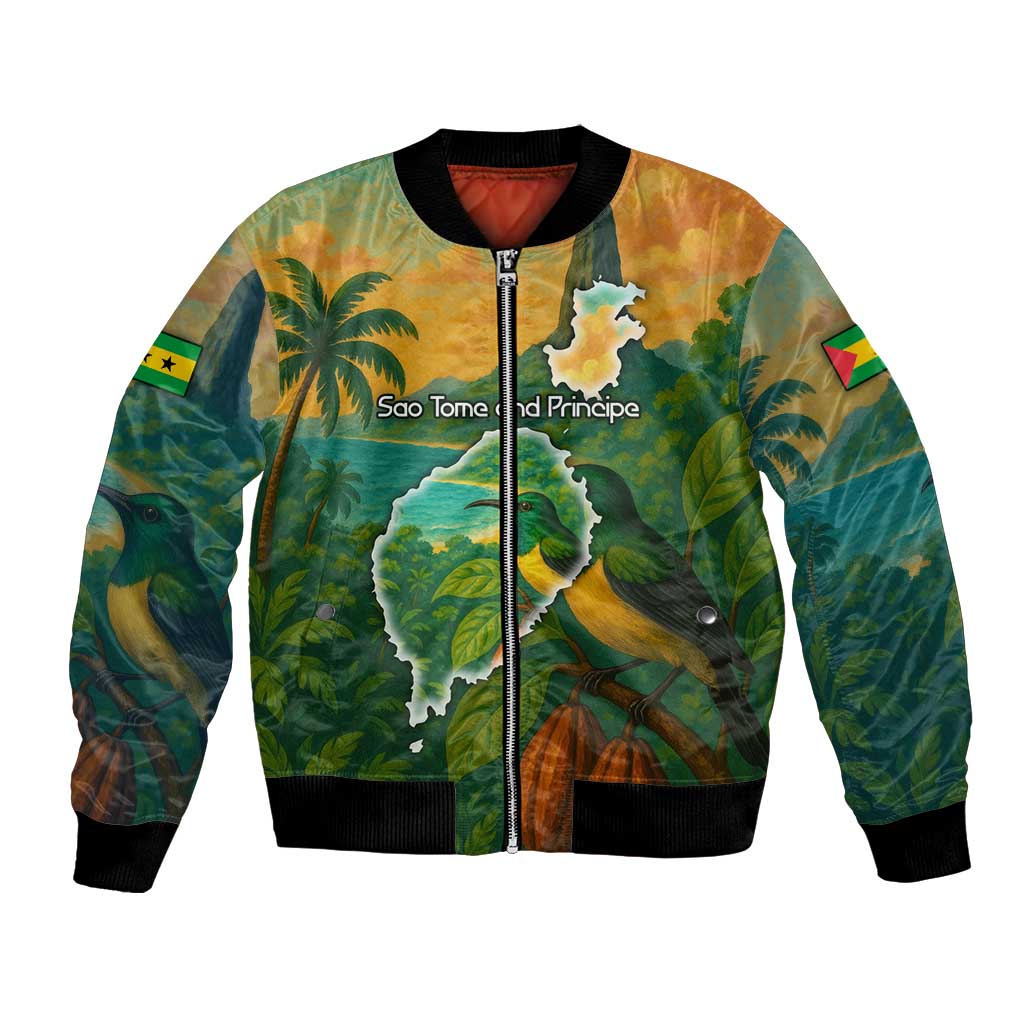 Sao Tome and Principe Tropical Island Bomber Jacket with Bird and Cocoa Forest Print