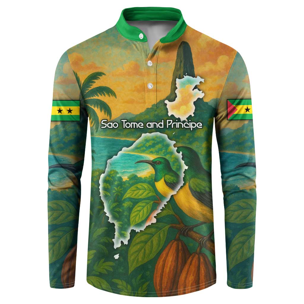 Sao Tome and Principe Tropical Island Button Sweatshirt with Bird and Cocoa Forest Print