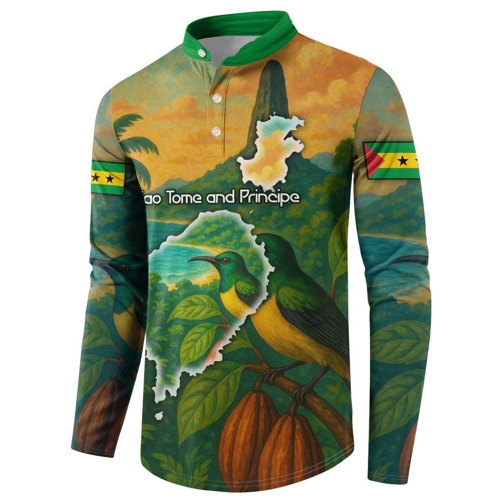 Sao Tome and Principe Tropical Island Button Sweatshirt with Bird and Cocoa Forest Print