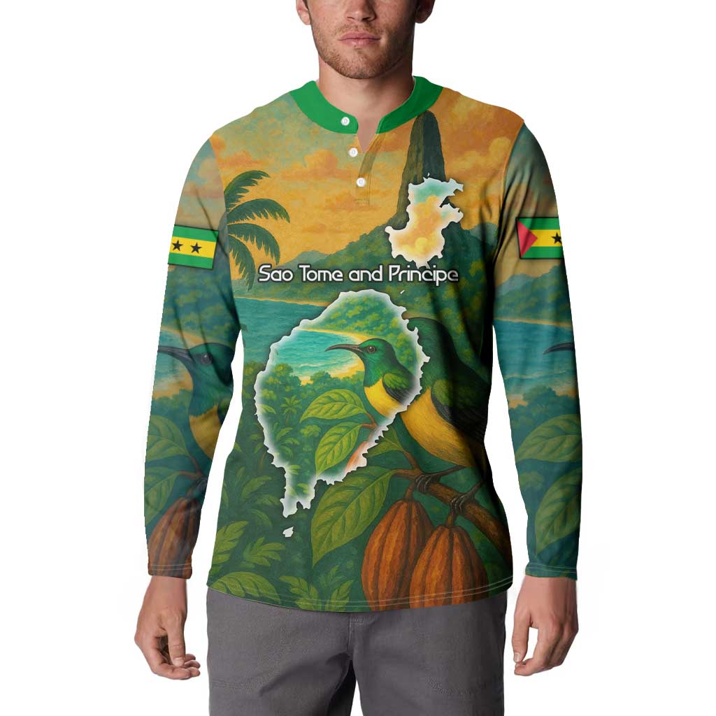 Sao Tome and Principe Tropical Island Button Sweatshirt with Bird and Cocoa Forest Print