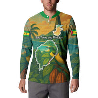 Sao Tome and Principe Tropical Island Button Sweatshirt with Bird and Cocoa Forest Print