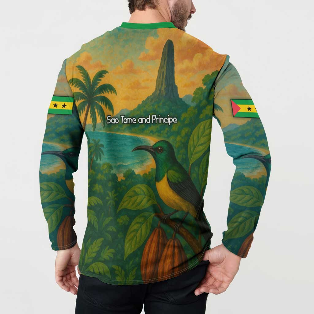 Sao Tome and Principe Tropical Island Button Sweatshirt with Bird and Cocoa Forest Print