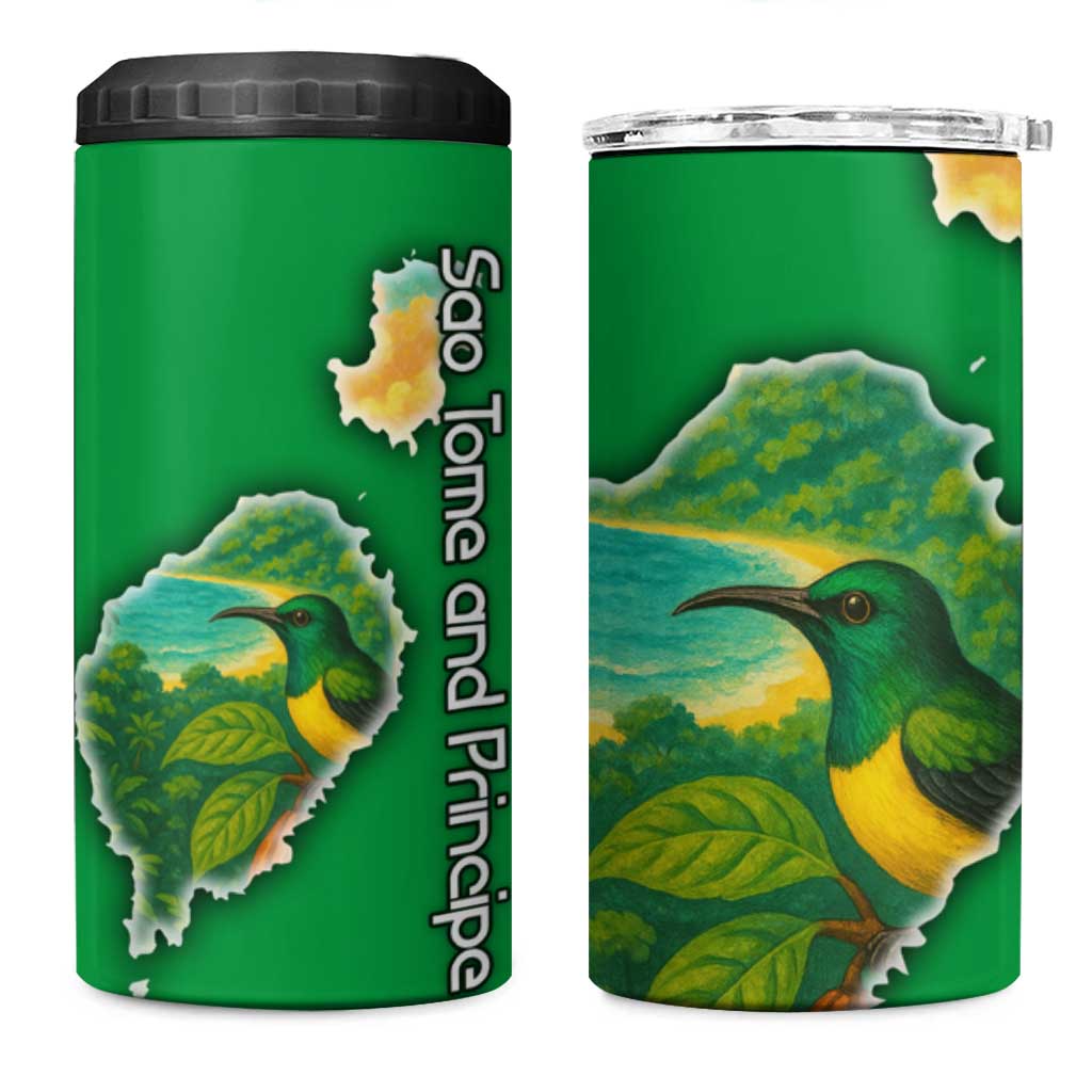 Sao Tome and Principe Tropical Island 4 in 1 Can Cooler Tumbler with Bird and Cocoa Forest Print