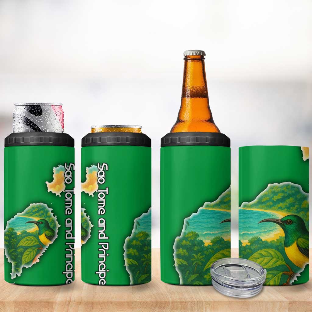 Sao Tome and Principe Tropical Island 4 in 1 Can Cooler Tumbler with Bird and Cocoa Forest Print