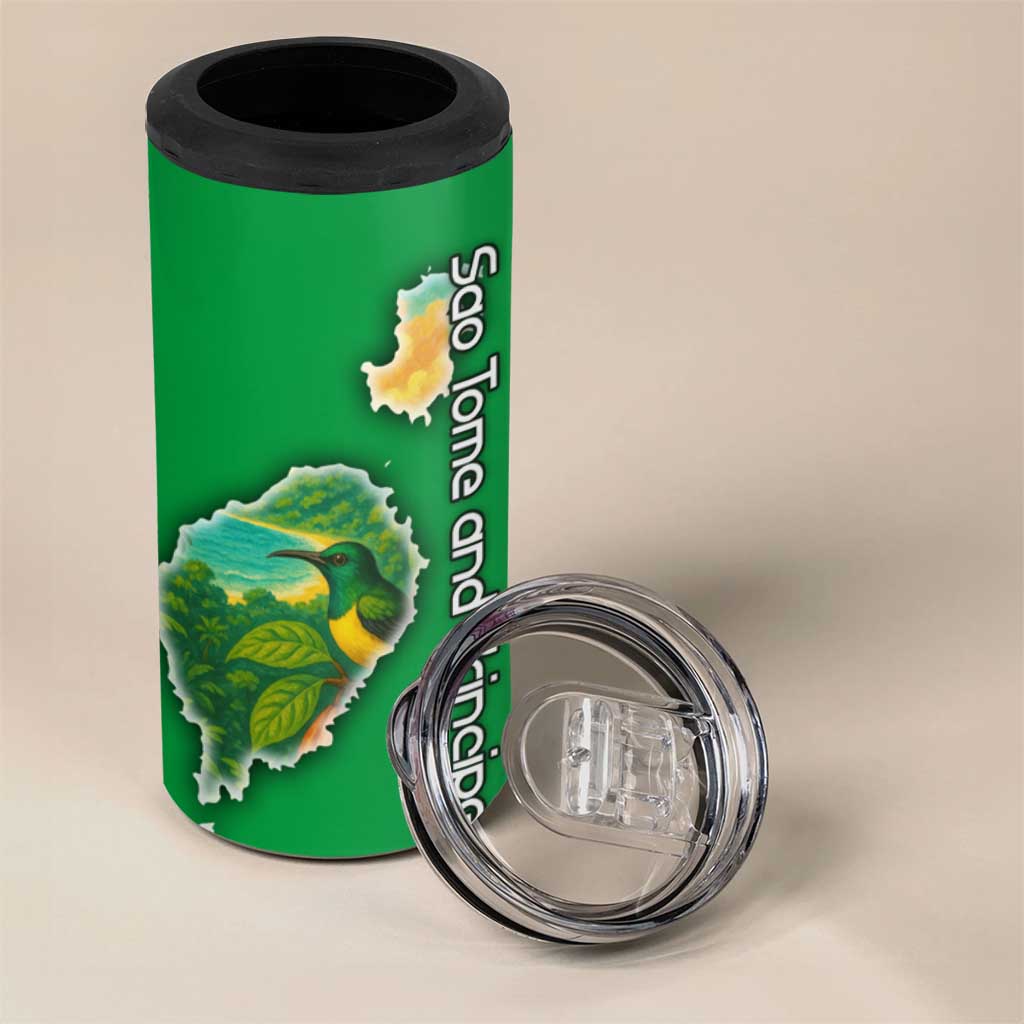 Sao Tome and Principe Tropical Island 4 in 1 Can Cooler Tumbler with Bird and Cocoa Forest Print