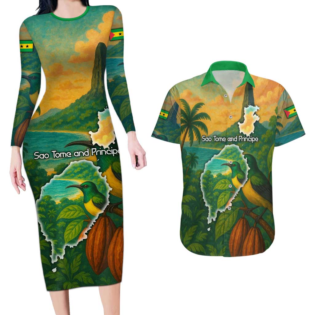 Sao Tome and Principe Tropical Island Couples Matching Long Sleeve Bodycon Dress and Hawaiian Shirt with Bird and Cocoa Forest Print
