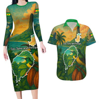 Sao Tome and Principe Tropical Island Couples Matching Long Sleeve Bodycon Dress and Hawaiian Shirt with Bird and Cocoa Forest Print