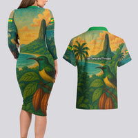 Sao Tome and Principe Tropical Island Couples Matching Long Sleeve Bodycon Dress and Hawaiian Shirt with Bird and Cocoa Forest Print