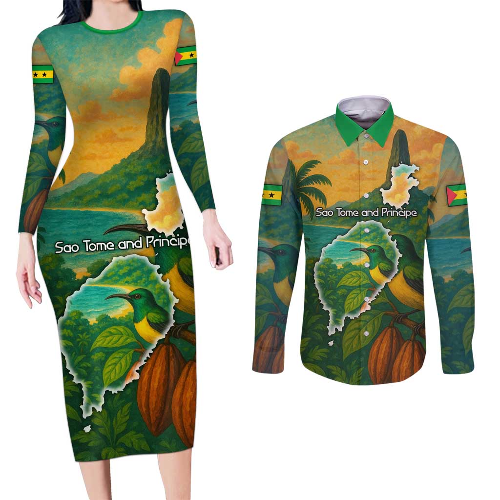 Sao Tome and Principe Tropical Island Couples Matching Long Sleeve Bodycon Dress and Long Sleeve Button Shirt with Bird and Cocoa Forest Print