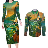 Sao Tome and Principe Tropical Island Couples Matching Long Sleeve Bodycon Dress and Long Sleeve Button Shirt with Bird and Cocoa Forest Print