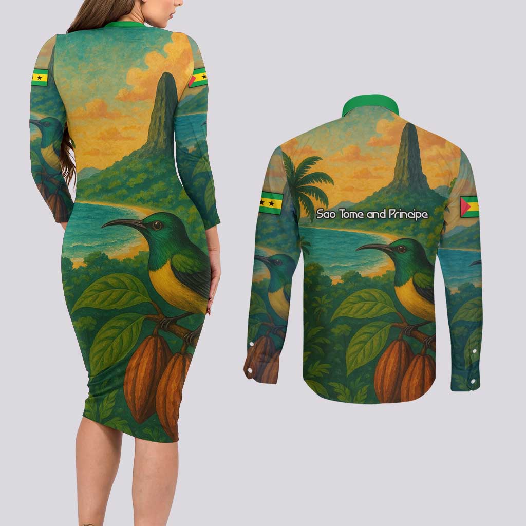Sao Tome and Principe Tropical Island Couples Matching Long Sleeve Bodycon Dress and Long Sleeve Button Shirt with Bird and Cocoa Forest Print