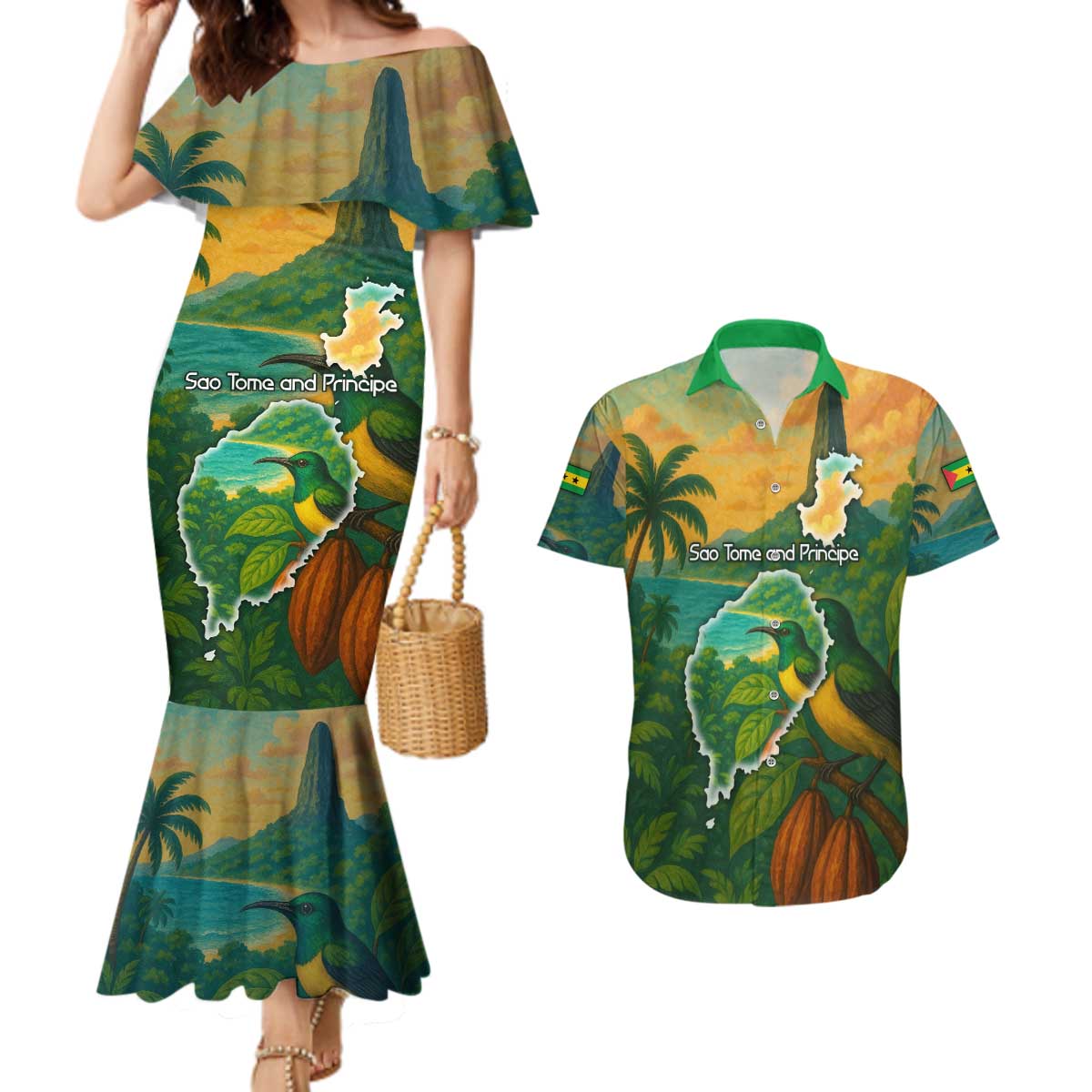Sao Tome and Principe Tropical Island Couples Matching Mermaid Dress and Hawaiian Shirt with Bird and Cocoa Forest Print