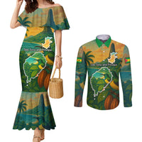 Sao Tome and Principe Tropical Island Couples Matching Mermaid Dress and Long Sleeve Button Shirt with Bird and Cocoa Forest Print