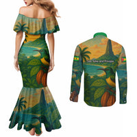 Sao Tome and Principe Tropical Island Couples Matching Mermaid Dress and Long Sleeve Button Shirt with Bird and Cocoa Forest Print