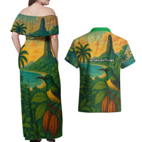 Sao Tome and Principe Tropical Island Couples Matching Off Shoulder Maxi Dress and Hawaiian Shirt with Bird and Cocoa Forest Print