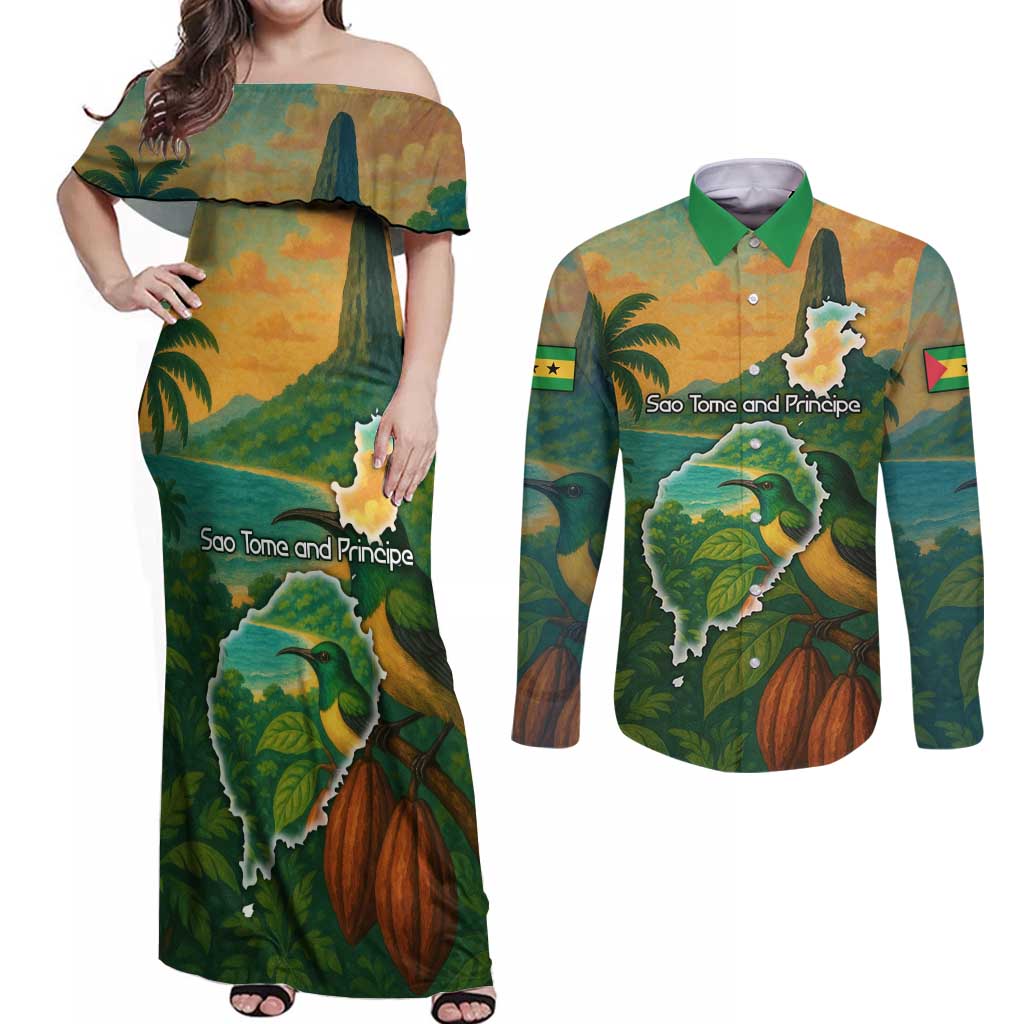 Sao Tome and Principe Tropical Island Couples Matching Off Shoulder Maxi Dress and Long Sleeve Button Shirt with Bird and Cocoa Forest Print