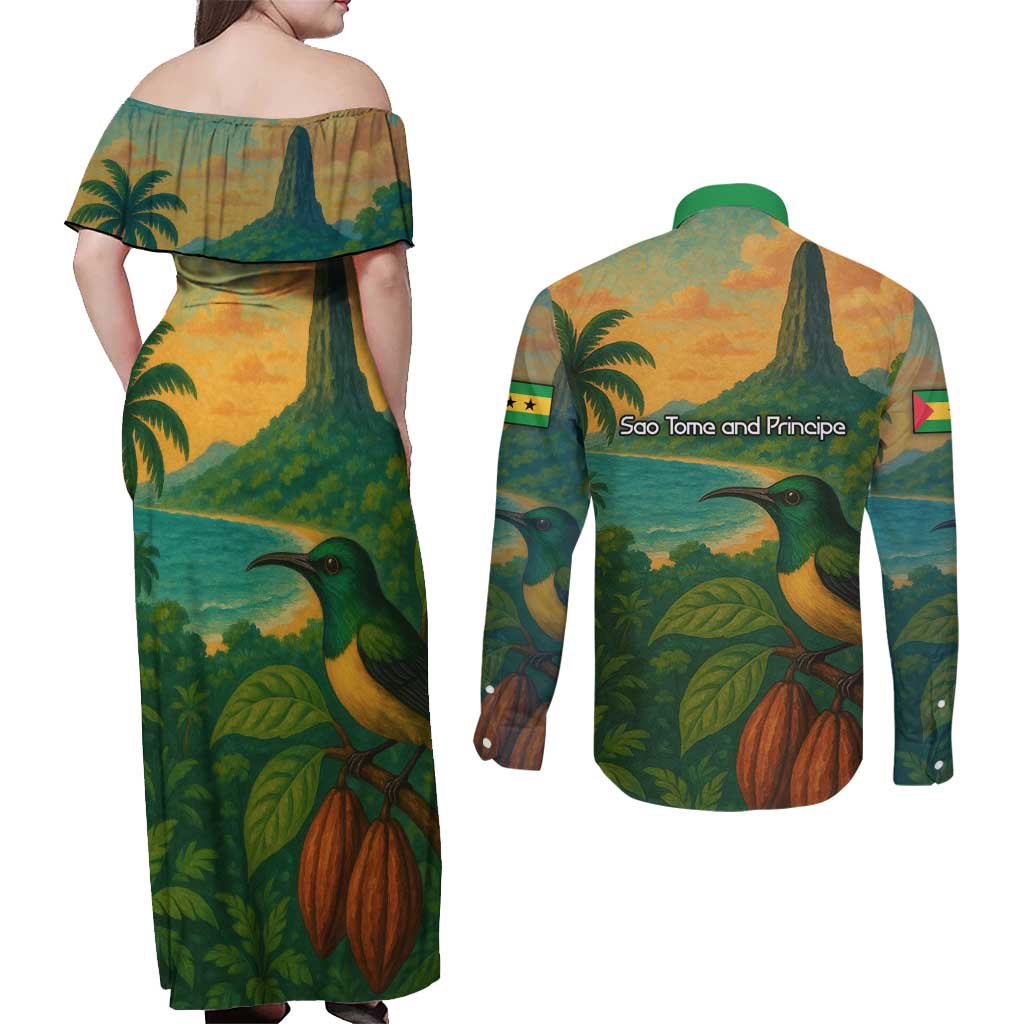 Sao Tome and Principe Tropical Island Couples Matching Off Shoulder Maxi Dress and Long Sleeve Button Shirt with Bird and Cocoa Forest Print