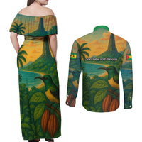 Sao Tome and Principe Tropical Island Couples Matching Off Shoulder Maxi Dress and Long Sleeve Button Shirt with Bird and Cocoa Forest Print